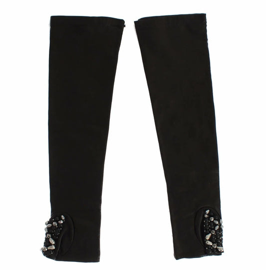 Black Leather Crystal Beaded Finger Free Gloves-Dolce & Gabbana-LabelTerrace.com