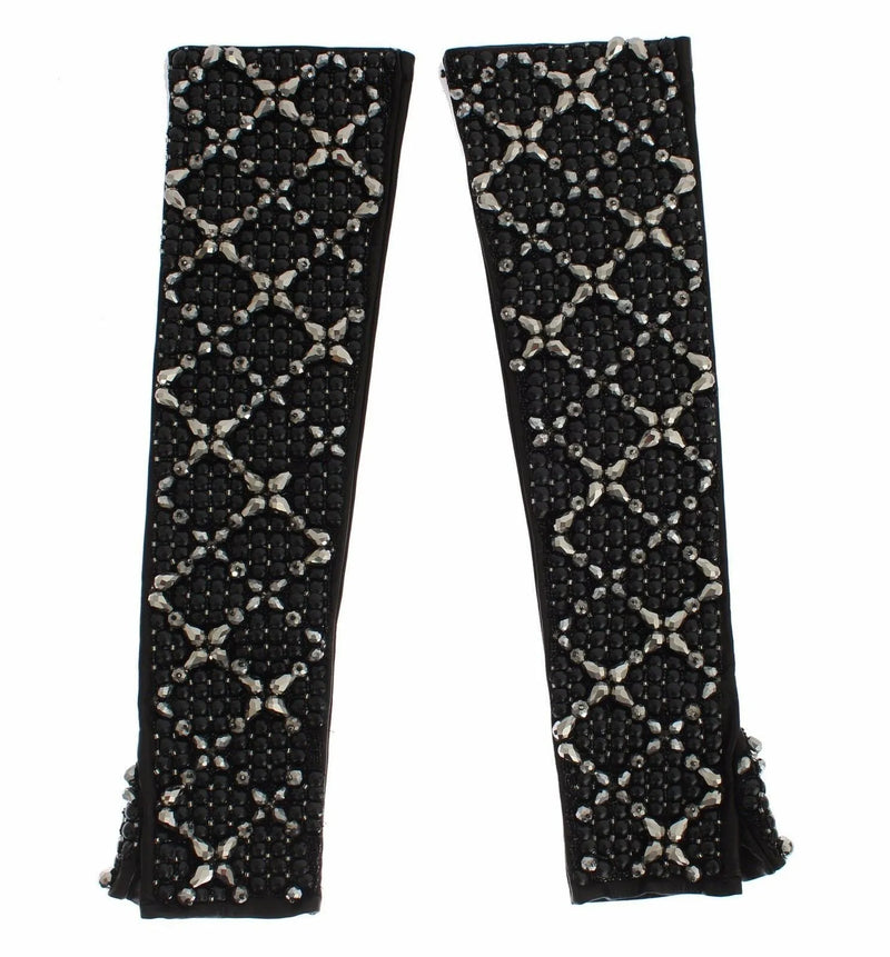 Black Leather Crystal Beaded Finger Free Gloves-Dolce & Gabbana-LabelTerrace.com