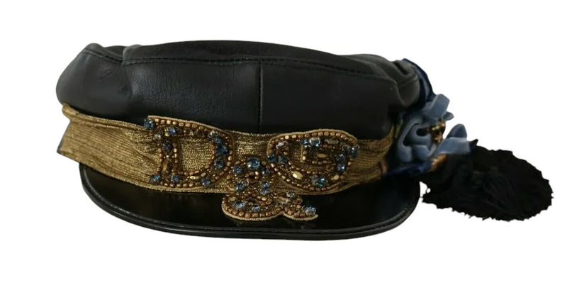 Black Leather Crystal Beads Gold Ribbon Fiddler Cap-Dolce & Gabbana-LabelTerrace.com