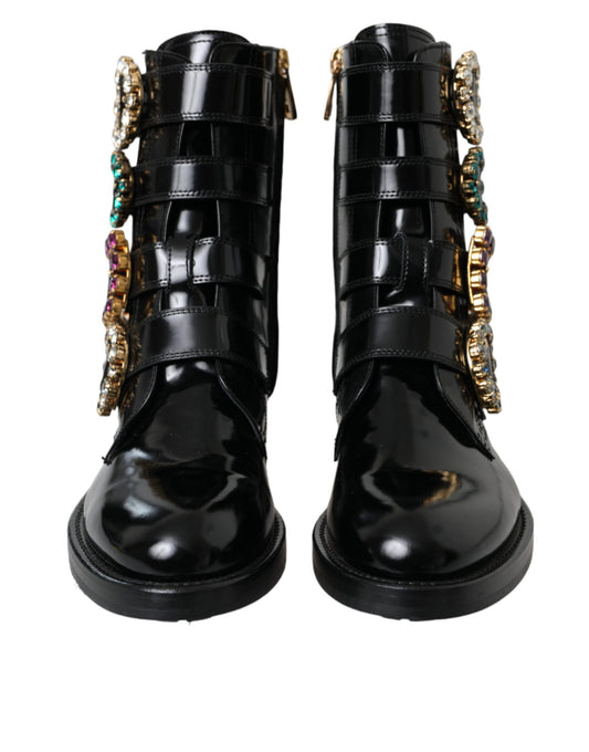 Black Leather Crystal Buckles Boots Shoes-Dolce & Gabbana-LabelTerrace.com