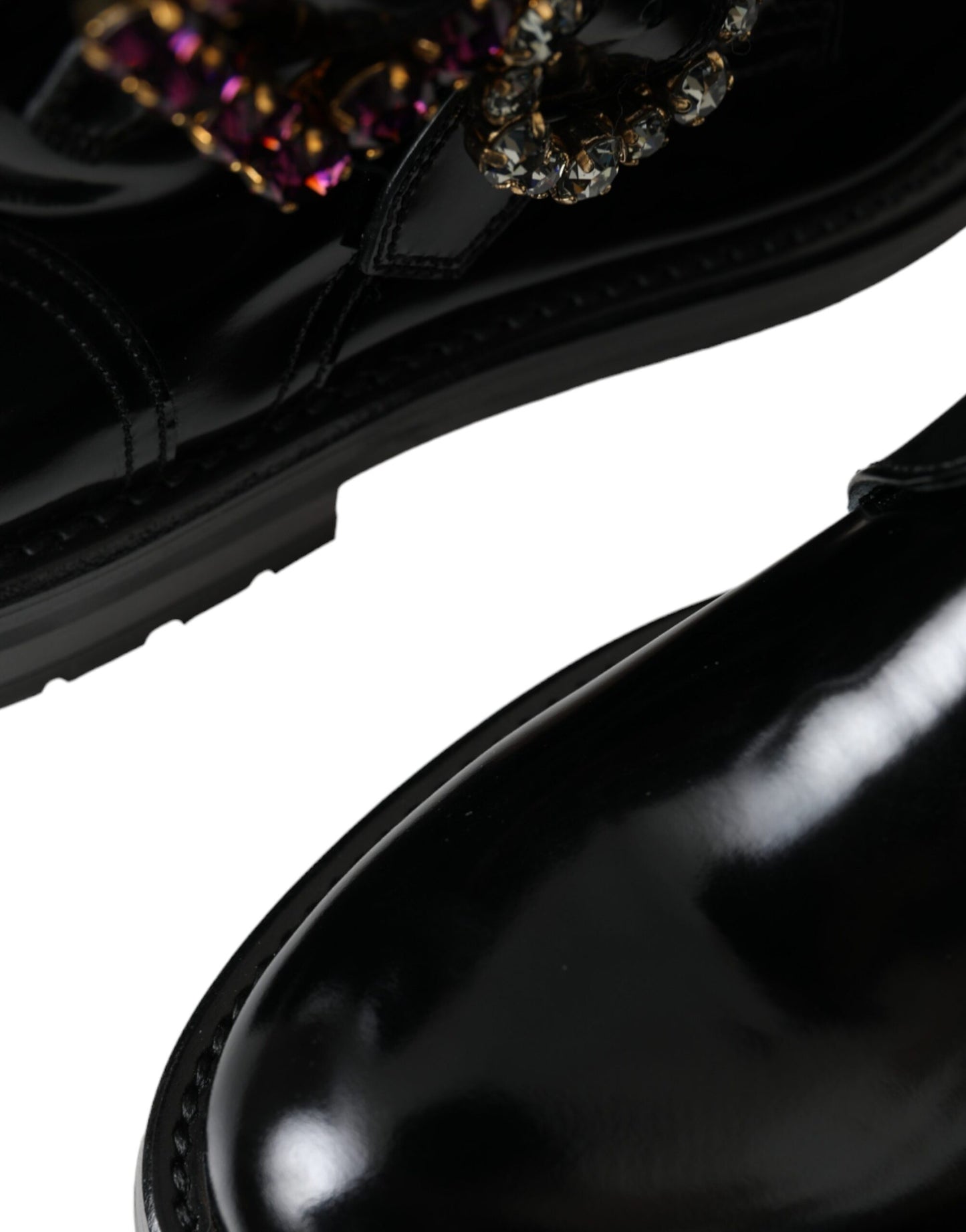 Black Leather Crystal Buckles Boots Shoes-Dolce & Gabbana-LabelTerrace.com