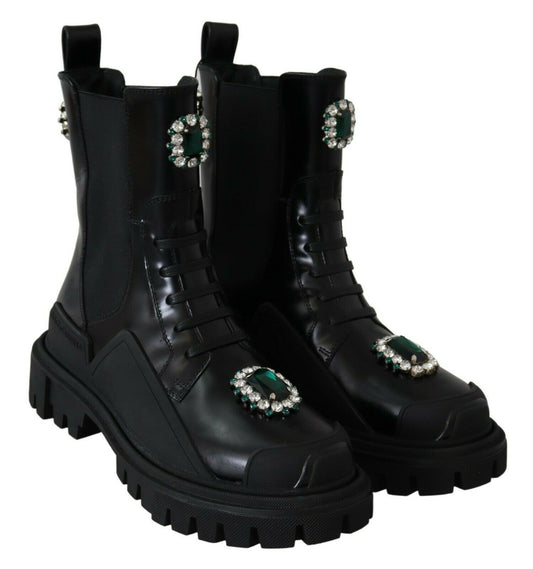 Black Leather Crystal Combat Boots-Dolce & Gabbana-LabelTerrace.com
