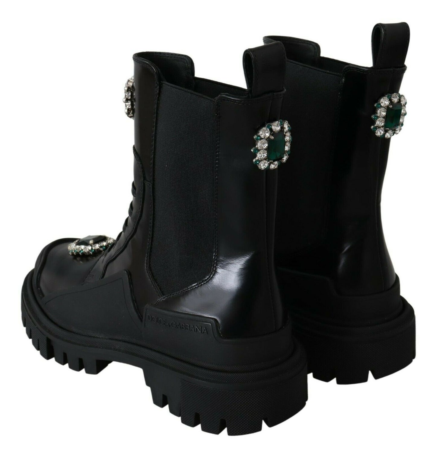 Black Leather Crystal Combat Boots-Dolce & Gabbana-LabelTerrace.com