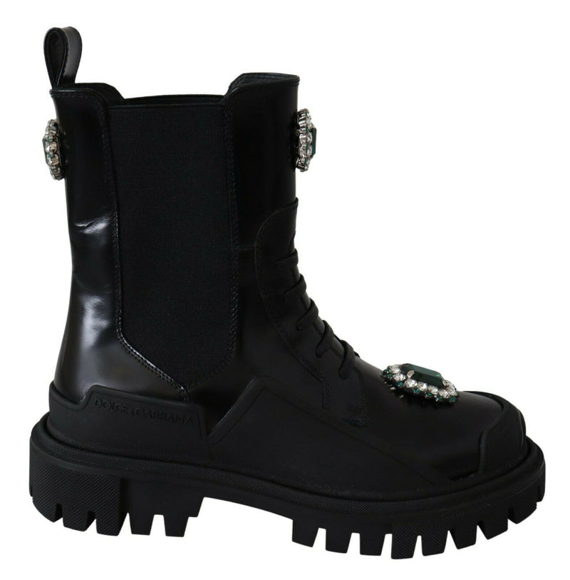 Black Leather Crystal Combat Boots-Dolce & Gabbana-LabelTerrace.com