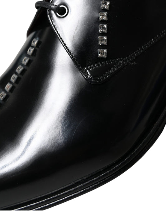 Black Leather Crystal Dress Formal Shoes-Dolce & Gabbana-LabelTerrace.com