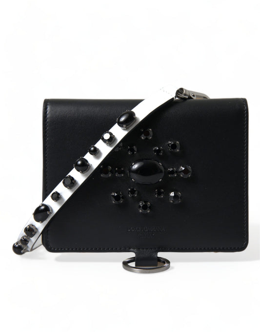 Black Leather Crystal Embellished Card Holder Wallet-Dolce & Gabbana-LabelTerrace.com