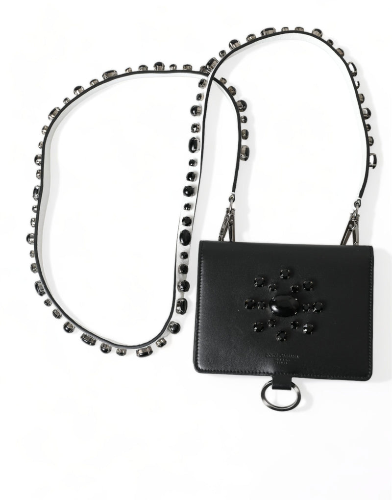 Black Leather Crystal Embellished Card Holder Wallet-Dolce & Gabbana-LabelTerrace.com