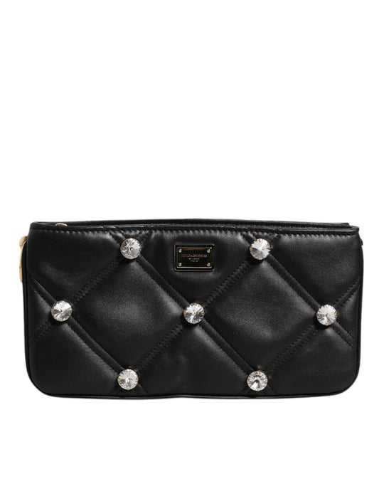 Black Leather Crystal Embellished Logo Shoulder Bag-Dolce & Gabbana-LabelTerrace.com