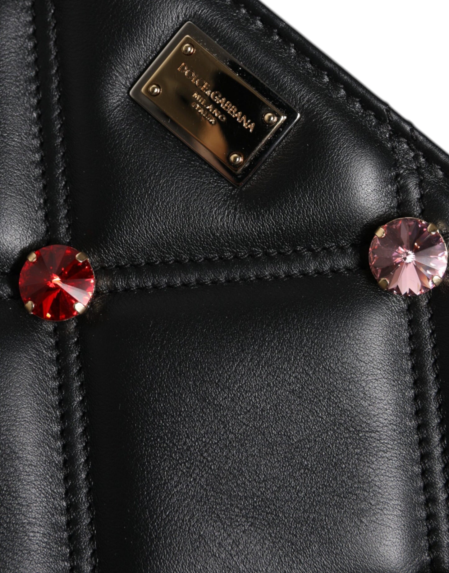 Black Leather Crystal Embellished Logo Shoulder Bag-Dolce & Gabbana-LabelTerrace.com