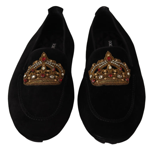 Black Leather Crystal Gold Crown Loafers Shoes-Dolce & Gabbana-LabelTerrace.com