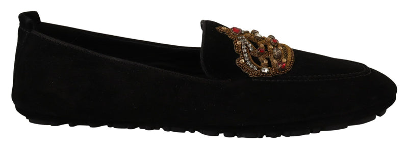 Black Leather Crystal Gold Crown Loafers Shoes-Dolce & Gabbana-LabelTerrace.com