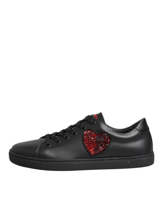 Black Leather Crystal Heart Low Top Sneakers Shoes
