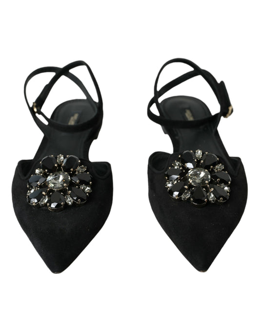 Black Leather Crystal Slingback Sandals Shoes-Dolce & Gabbana-LabelTerrace.com