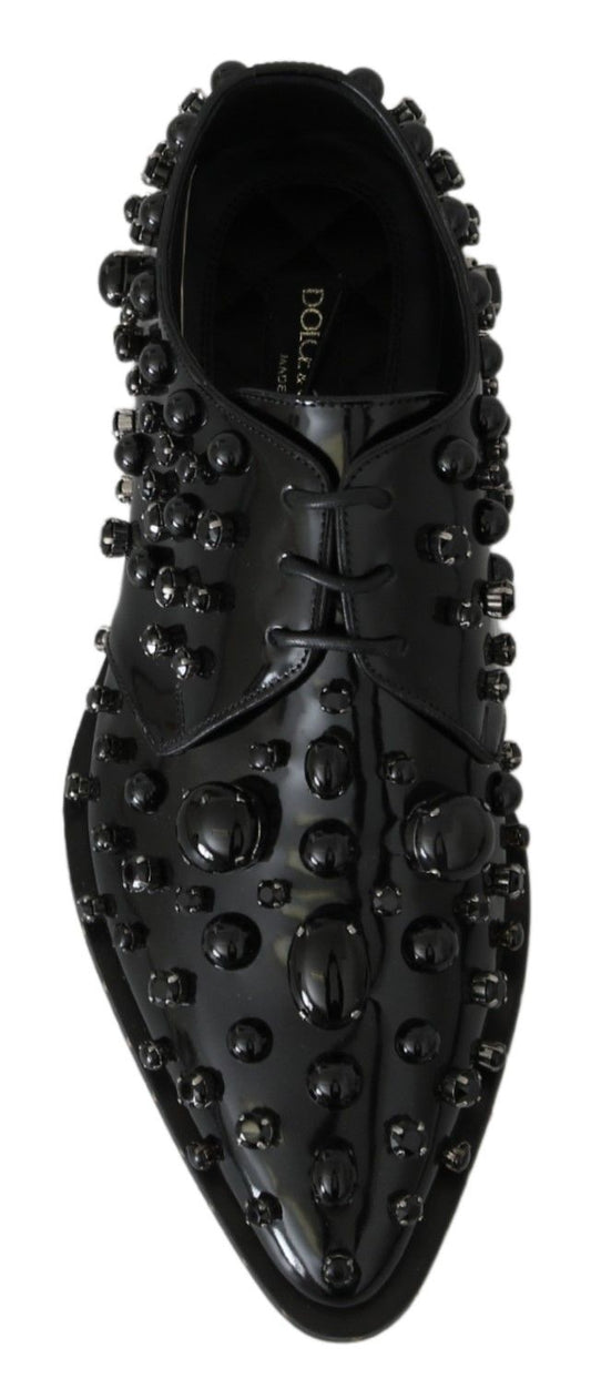 Black Leather Crystals Dress Broque Shoes-Dolce & Gabbana-LabelTerrace.com