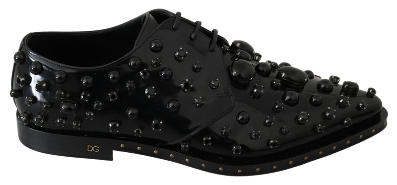 Black Leather Crystals Dress Broque Shoes-Dolce & Gabbana-LabelTerrace.com