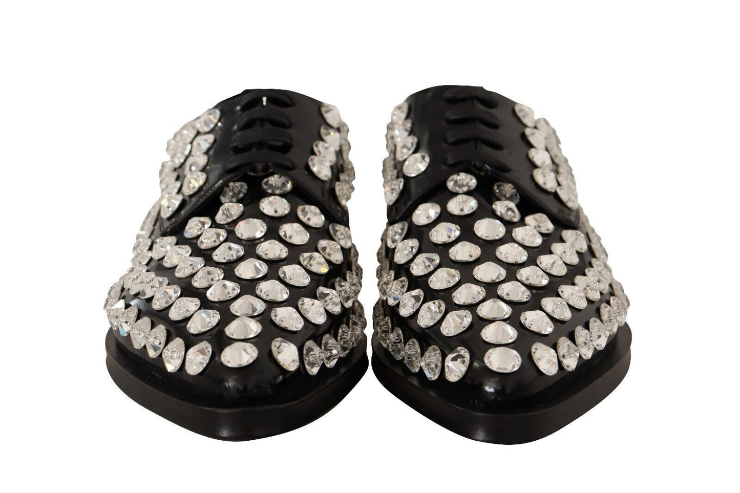 Black Leather Crystals Lace Up Formal Shoes-Dolce & Gabbana-LabelTerrace.com