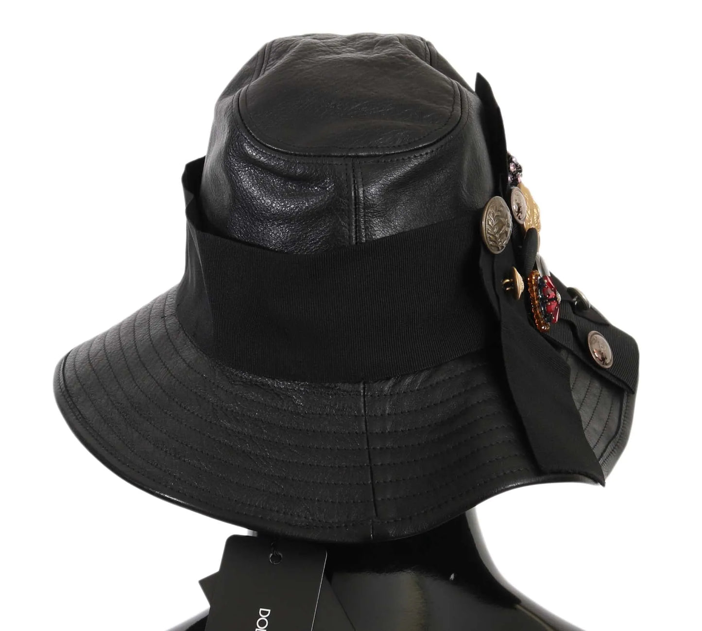 Black Leather DG Coin Crystal Wide Brim Hat-Dolce & Gabbana-LabelTerrace.com