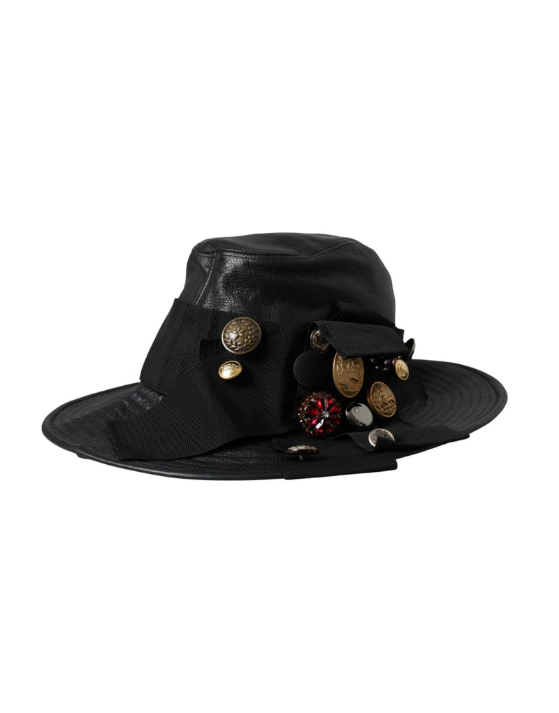 Black Leather DG Coin Crystal Wide Brim Hat-Dolce & Gabbana-LabelTerrace.com