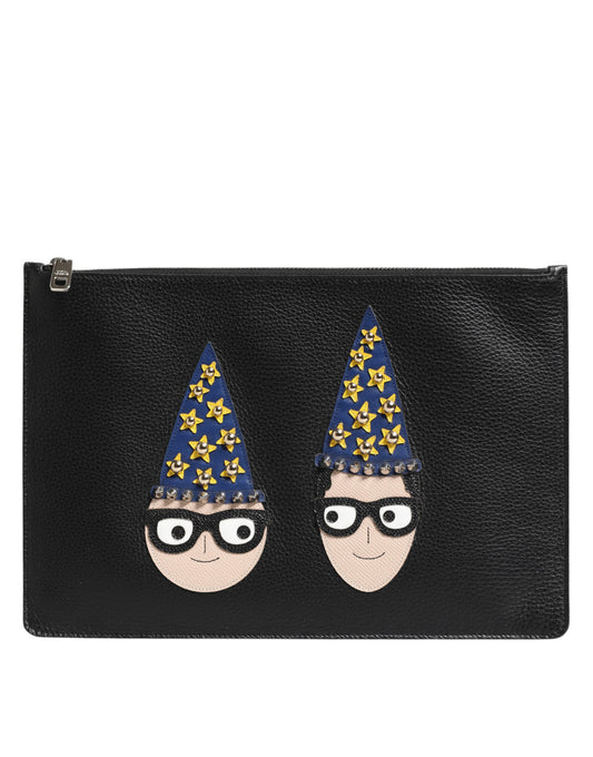 Black Leather #DGFAMILY Embellished Men Clutch Pouch Bag-Dolce & Gabbana-LabelTerrace.com