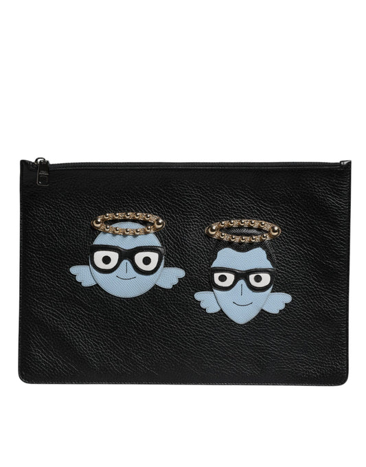 Black Leather #DGFAMILY Embellished Men Zip Pouch Bag-Dolce & Gabbana-LabelTerrace.com