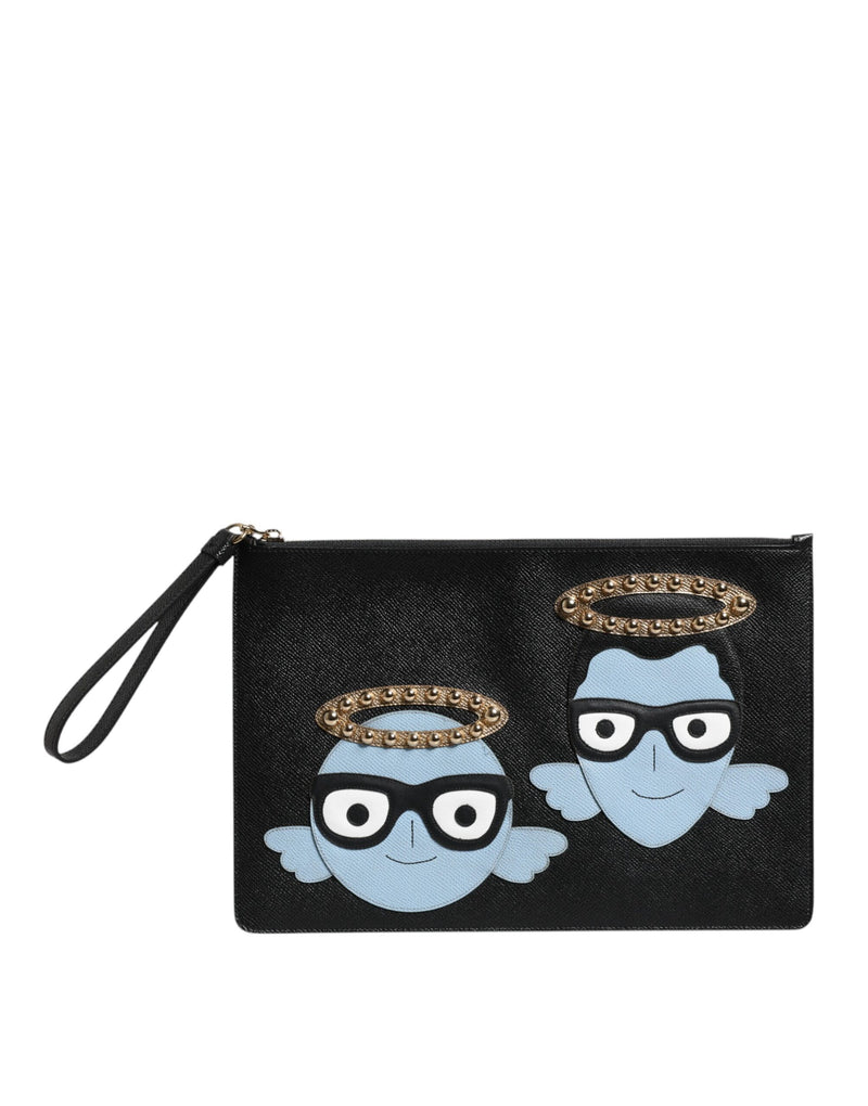 Black Leather #DGFAMILY Embellished Men Zip Pouch Bag-Dolce & Gabbana-LabelTerrace.com