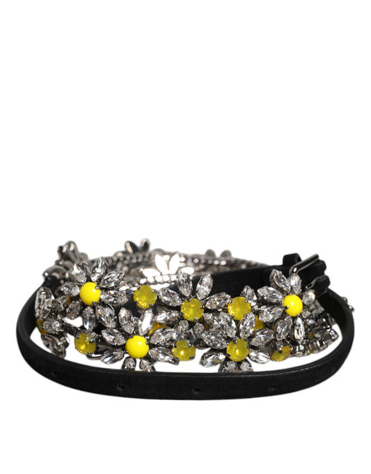 Black Leather Daisy Crystal Embellish Waist Belt-Dolce & Gabbana-LabelTerrace.com