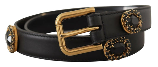 Black Leather Embellished Crystal Logo Belt-Dolce & Gabbana-LabelTerrace.com