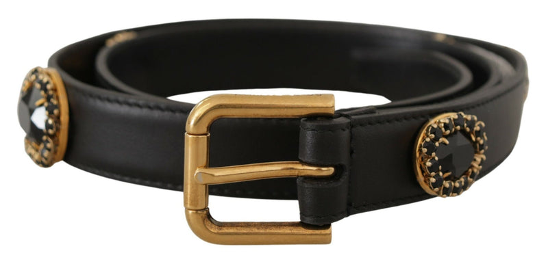 Black Leather Embellished Crystal Logo Belt-Dolce & Gabbana-LabelTerrace.com