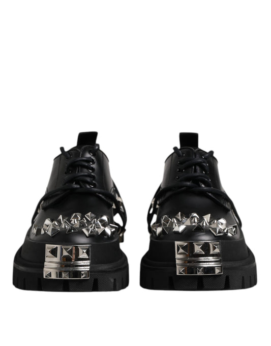 Black Leather Embellished Trekking Derby Shoes-Dolce & Gabbana-LabelTerrace.com