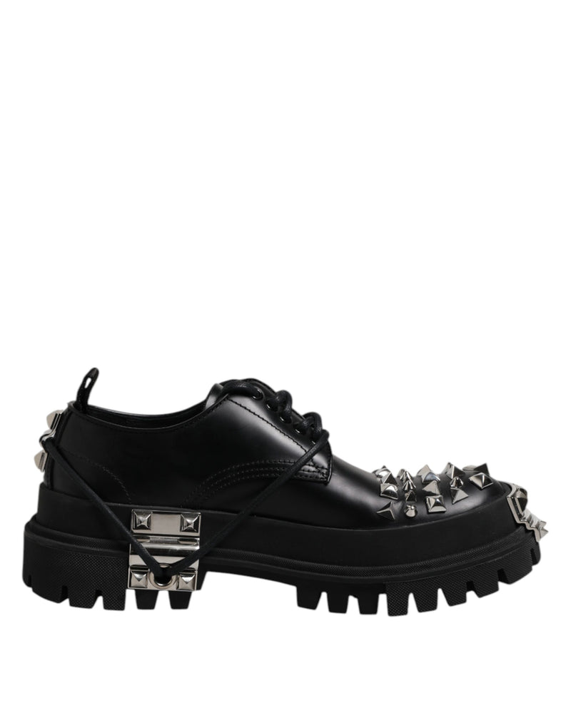 Black Leather Embellished Trekking Derby Shoes-Dolce & Gabbana-LabelTerrace.com