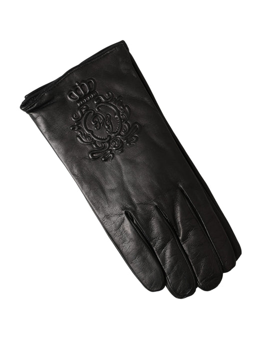 Black Leather Embossed Logo Short Hands Gloves-Dolce & Gabbana-LabelTerrace.com