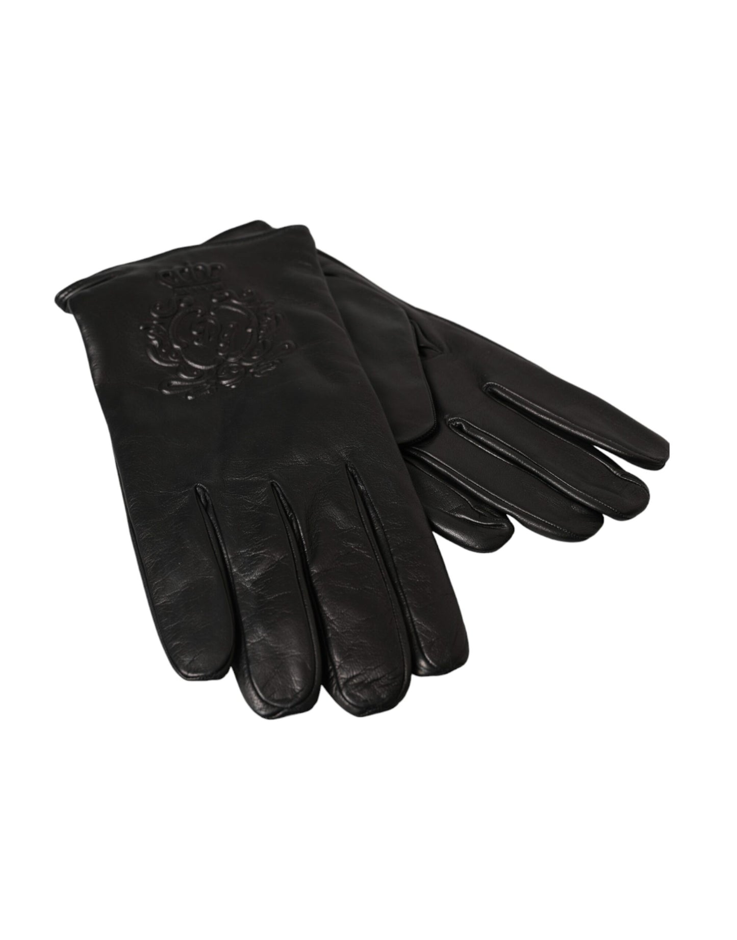 Black Leather Embossed Logo Short Hands Gloves-Dolce & Gabbana-LabelTerrace.com