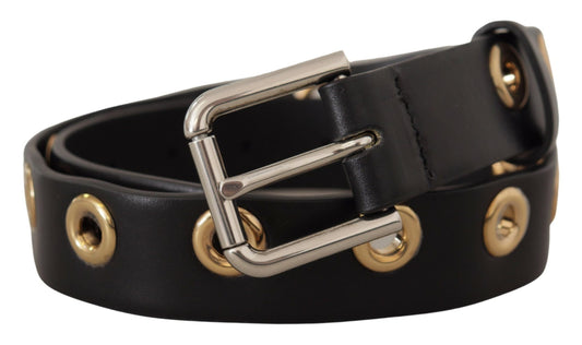 Black Leather Eyelet Silver Tone Metal Buckle Belt-Dolce & Gabbana-LabelTerrace.com