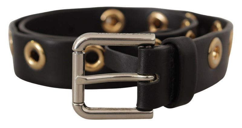 Black Leather Eyelet Silver Tone Metal Buckle Belt-Dolce & Gabbana-LabelTerrace.com