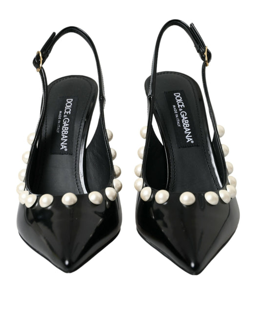 Black Leather Faux Pearl Heel Slingback Shoes-Dolce & Gabbana-LabelTerrace.com