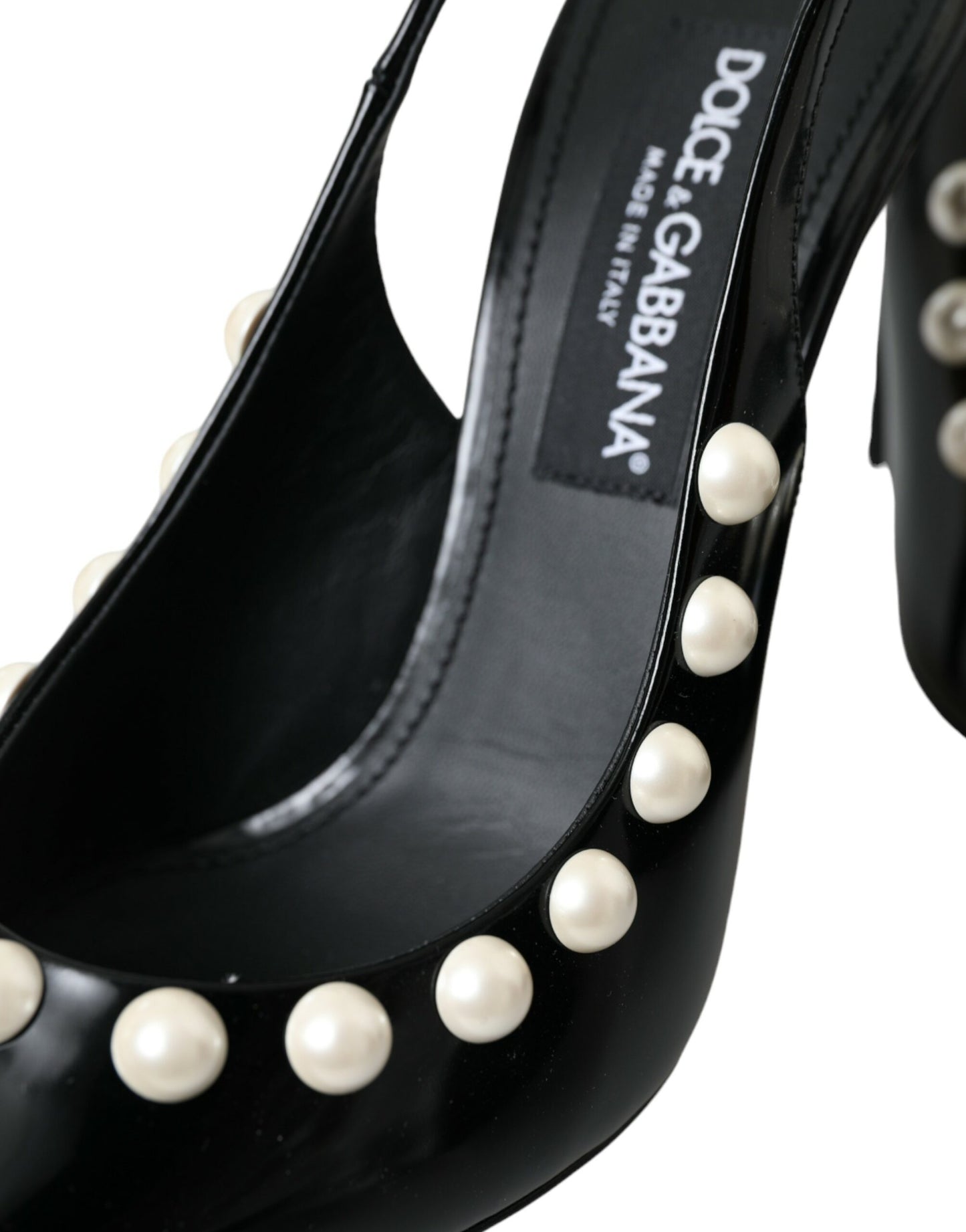 Black Leather Faux Pearl Heel Slingback Shoes-Dolce & Gabbana-LabelTerrace.com