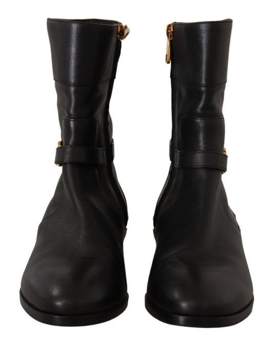 Black Leather Flats Logo Short Boots Shoes-Dolce & Gabbana-LabelTerrace.com