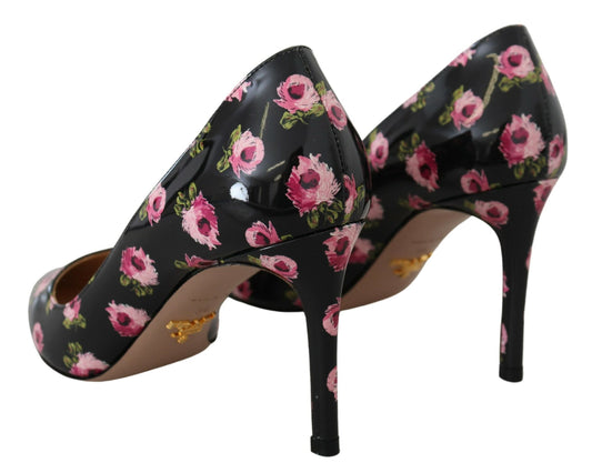 Black Leather Floral Heels Stilettos Pumps-Prada-LabelTerrace.com