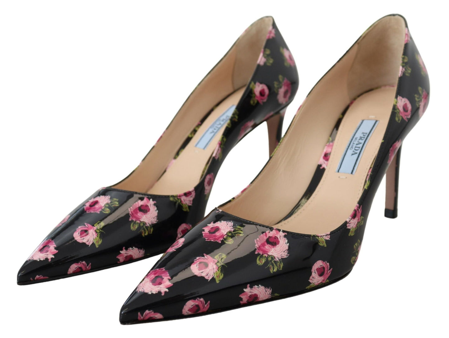 Black Leather Floral Heels Stilettos Pumps-Prada-LabelTerrace.com