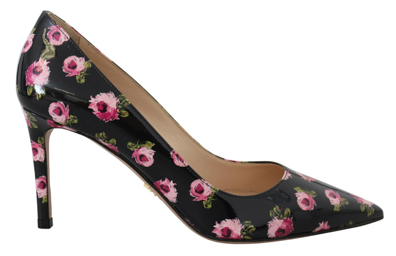 Black Leather Floral Heels Stilettos Pumps-Prada-LabelTerrace.com