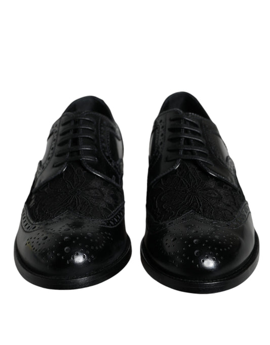 Black Leather Floral Lace Dress Formal Shoes-Dolce & Gabbana-LabelTerrace.com