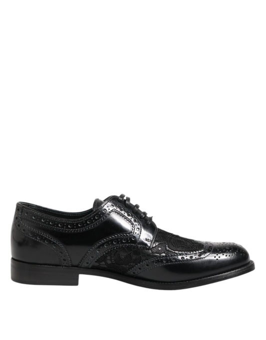 Black Leather Floral Lace Dress Formal Shoes-Dolce & Gabbana-LabelTerrace.com