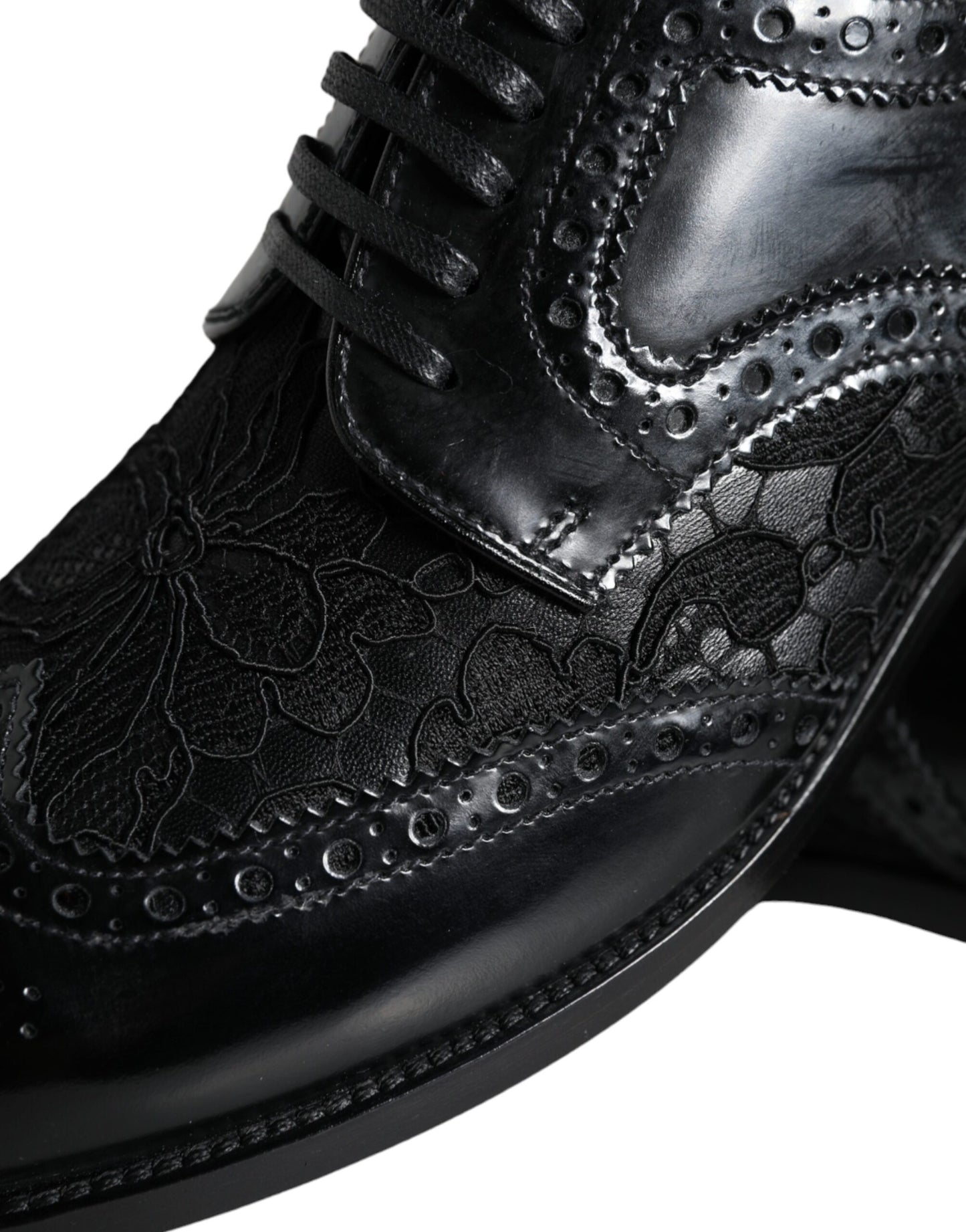 Black Leather Floral Lace Dress Formal Shoes-Dolce & Gabbana-LabelTerrace.com