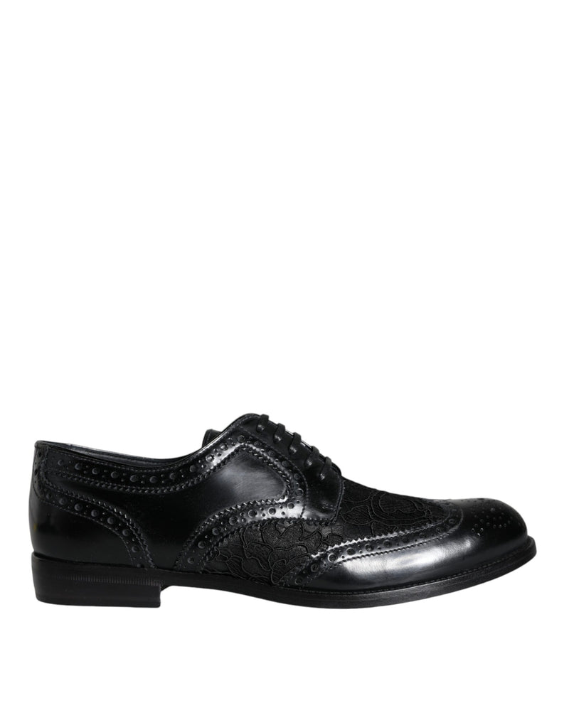 Black Leather Floral Lace Dress Formal Shoes-Dolce & Gabbana-LabelTerrace.com