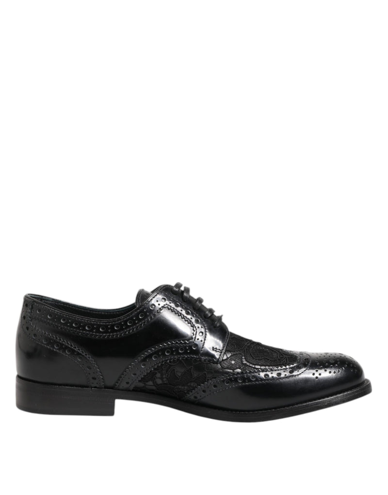 Black Leather Floral Lace Dress Formal Shoes-Dolce & Gabbana-LabelTerrace.com