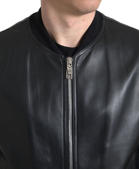 Black Leather Full Zip Bomber Men Jacket-Dolce & Gabbana-LabelTerrace.com