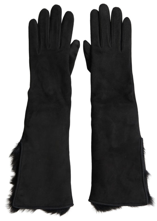 Black Leather Fur Elbow Length Gloves-Dolce & Gabbana-LabelTerrace.com
