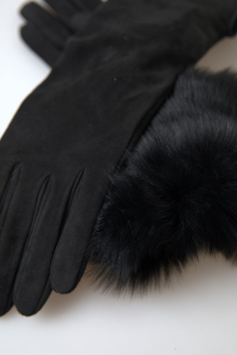 Black Leather Fur Elbow Length Gloves-Dolce & Gabbana-LabelTerrace.com