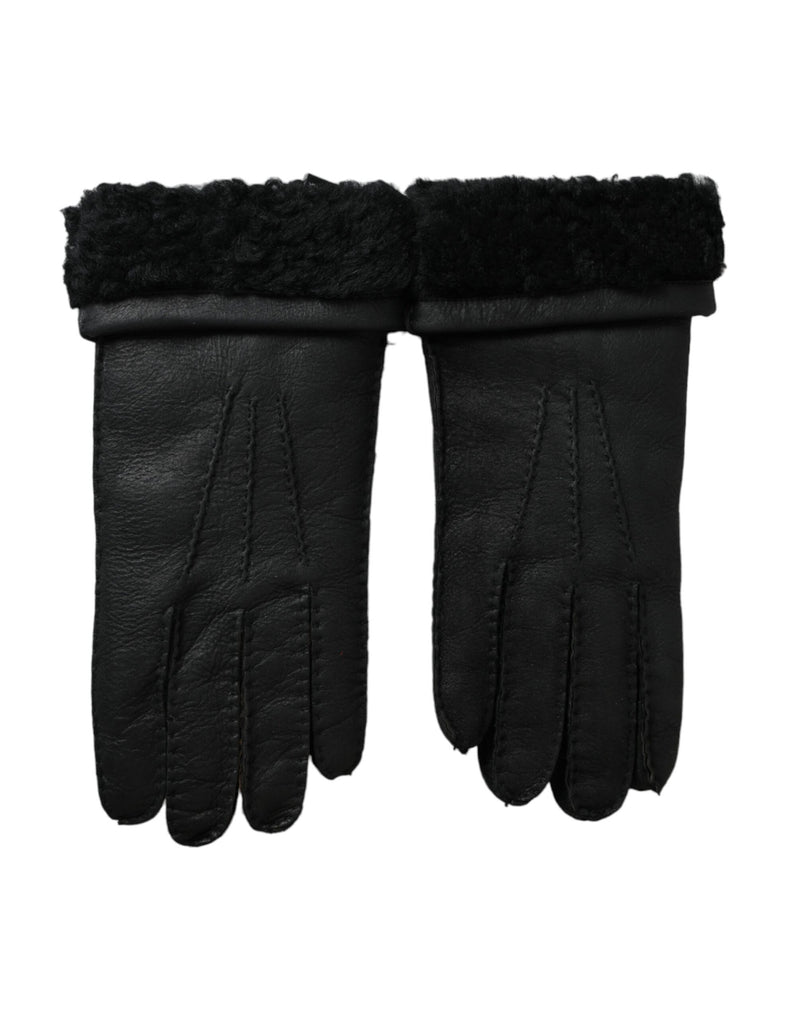 Black Leather Fur Short Hands Gloves-Dolce & Gabbana-LabelTerrace.com