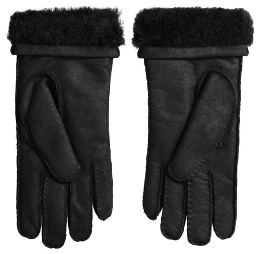 Black Leather Fur Short Hands Mitten Men Gloves-Dolce & Gabbana-LabelTerrace.com